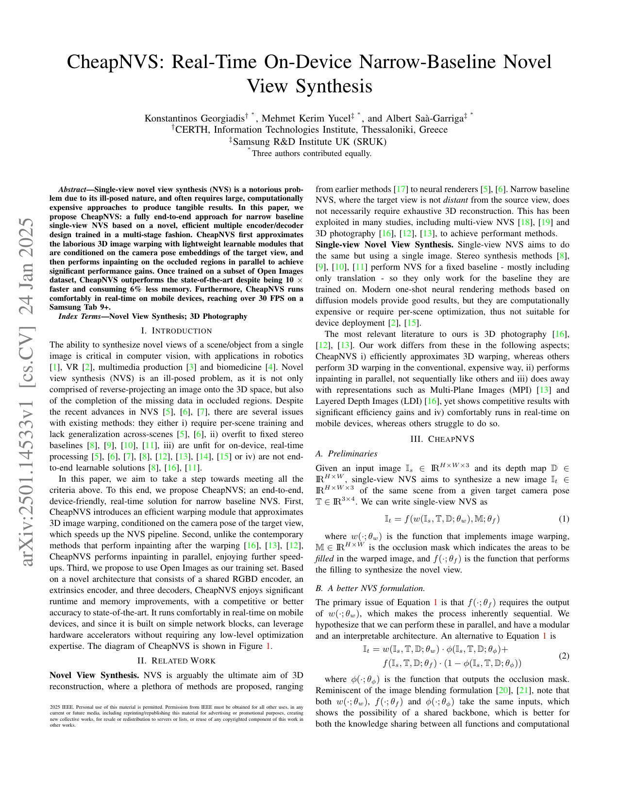 CheapNVS paper header and architecture diagram